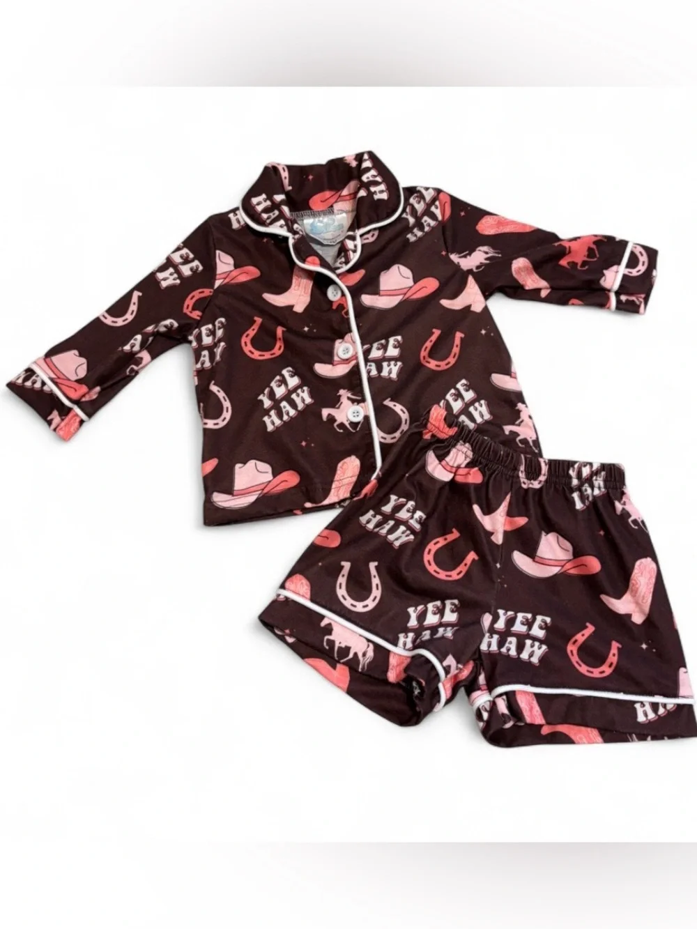 Brown & Pink 'Yee Haw' Western Baby Pajama Set